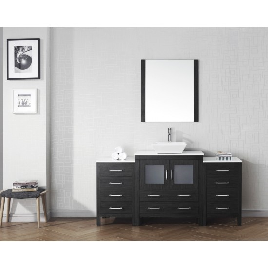 Dior 68" Single Bath Vanity in Zebra Gray with White Engineered Stone Top and Square Sink with Brushed Nickel Faucet and Mirr