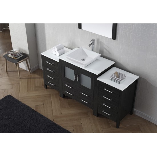 Dior 68" Single Bath Vanity in Zebra Gray with White Engineered Stone Top and Square Sink with Brushed Nickel Faucet and Mirr