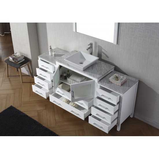 Dior 68" Single Bath Vanity in White with White Marble Top and Square Sink with Brushed Nickel Faucet and Matching Mirror