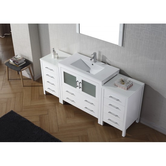 Dior 72" Single Bath Vanity in White and Square Sink with Brushed Nickel Faucet and Matching Mirror