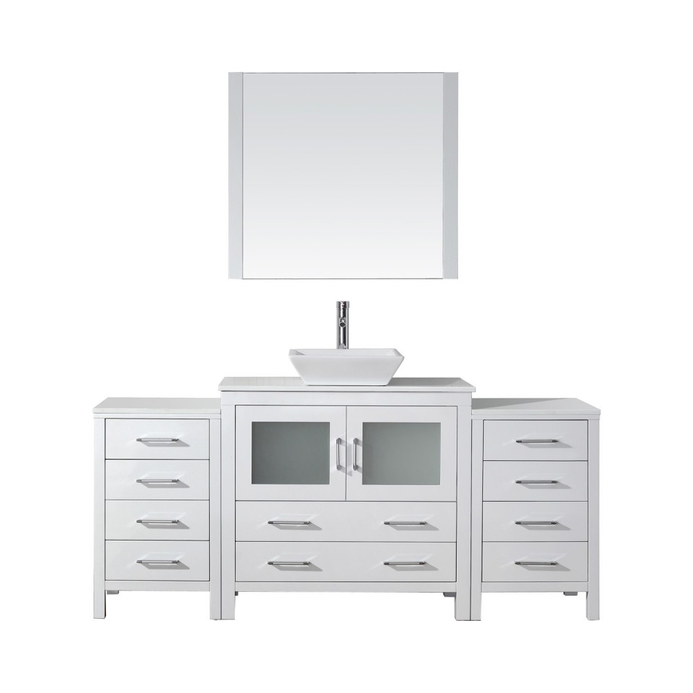 Dior 72" Single Bath Vanity in White with White Engineered Stone Top and Square Sink and Matching Mirror