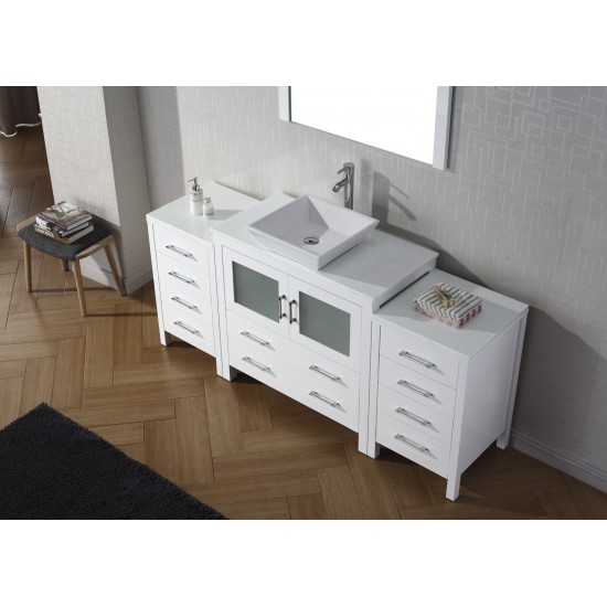 Dior 72" Single Bath Vanity in White with White Engineered Stone Top and Square Sink and Matching Mirror