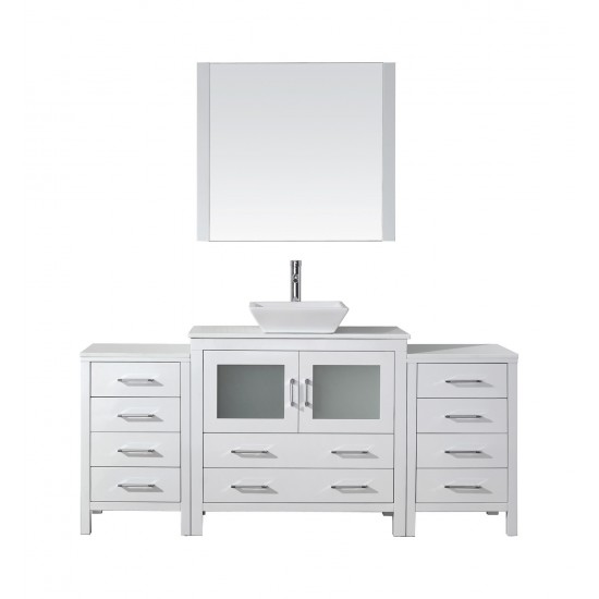 Dior 72" Single Bath Vanity in White with White Engineered Stone Top and Square Sink with Brushed Nickel Faucet and Mirror