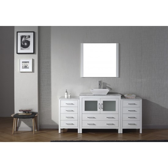 Dior 72" Single Bath Vanity in White with White Marble Top and Square Sink with Brushed Nickel Faucet and Matching Mirror