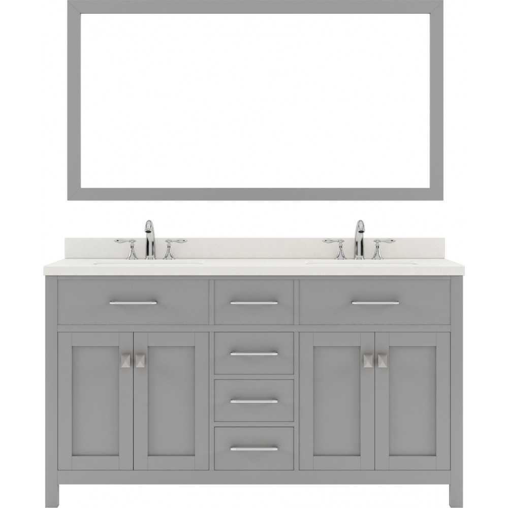 Caroline 60" Double Bath Vanity in Cashmere Gray with White Quartz Top and Round Sinks and Matching Mirror