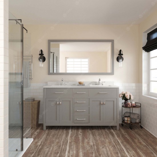 Caroline 60" Double Bath Vanity in Cashmere Gray with White Quartz Top and Round Sinks and Matching Mirror