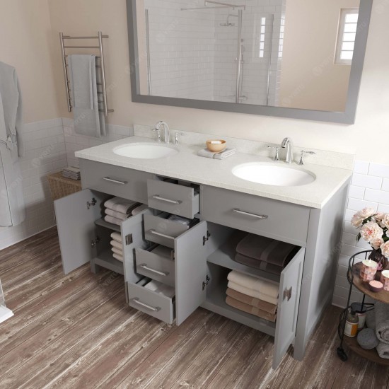 Caroline 60" Double Bath Vanity in Cashmere Gray with White Quartz Top and Round Sinks and Matching Mirror