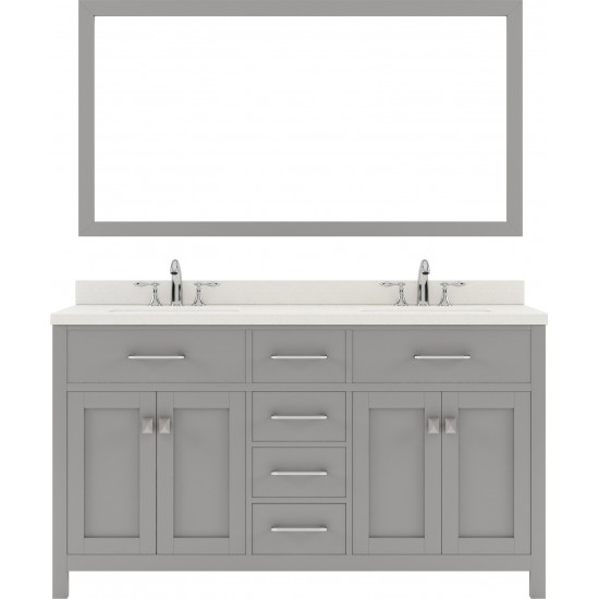 Caroline 60" Double Bath Vanity in Cashmere Gray with White Quartz Top and Round Sinks with Polished Chrome Faucets and Mirro