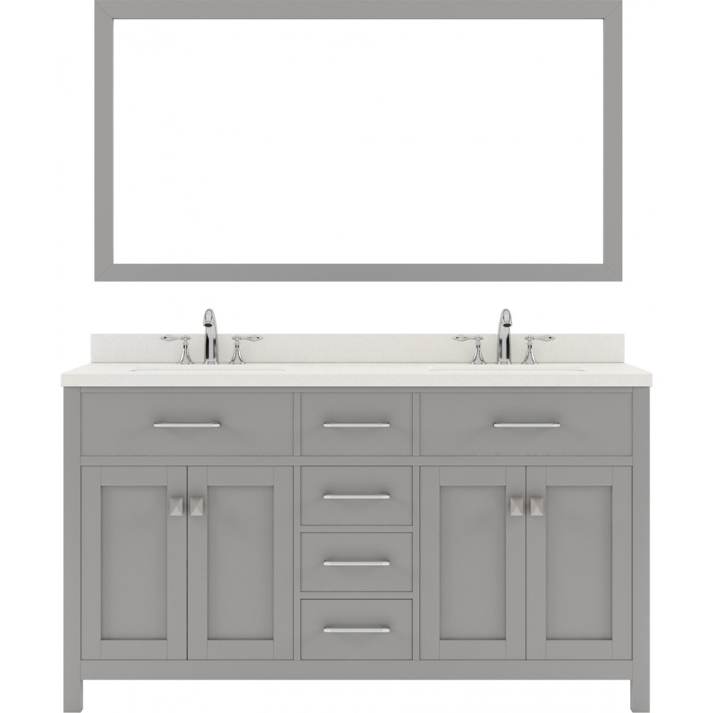 Caroline 60" Double Bath Vanity in Cashmere Gray with White Quartz Top and Round Sinks with Polished Chrome Faucets and Mirro
