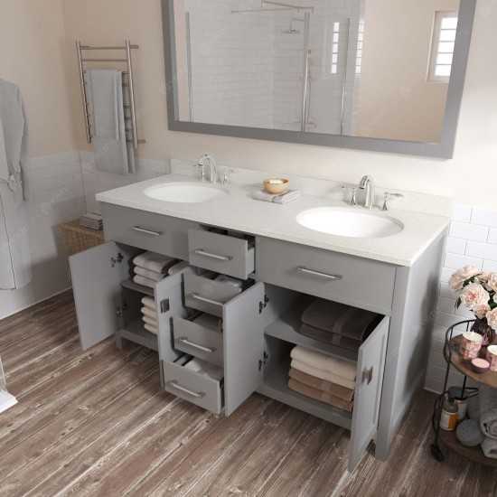 Caroline 60" Double Bath Vanity in Cashmere Gray with White Quartz Top and Round Sinks with Polished Chrome Faucets and Mirro