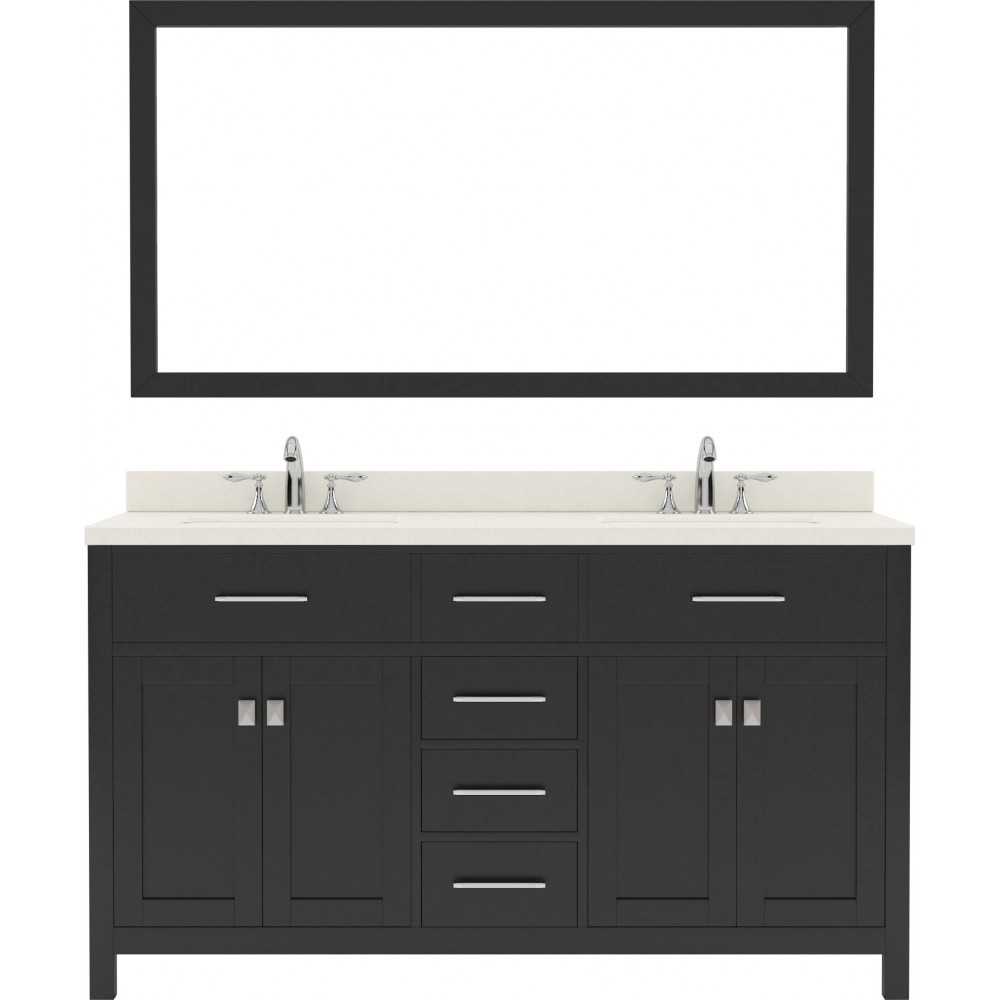 Caroline 60" Double Bath Vanity in Espresso with White Quartz Top and Round Sinks and Matching Mirror