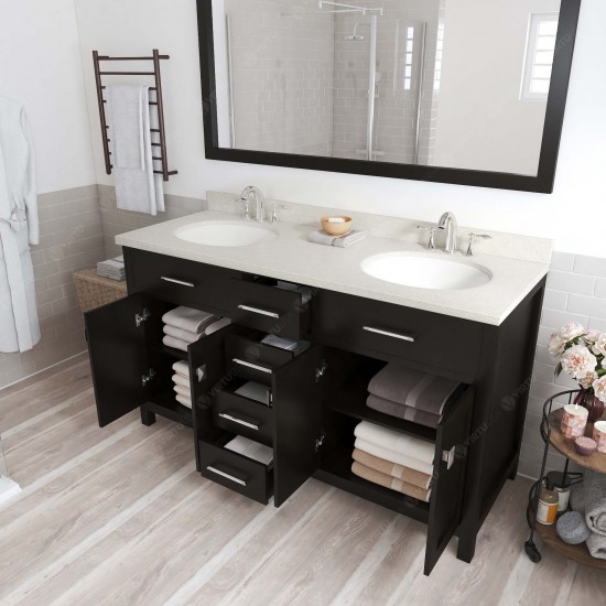 Caroline 60" Double Bath Vanity in Espresso with White Quartz Top and Round Sinks and Matching Mirror