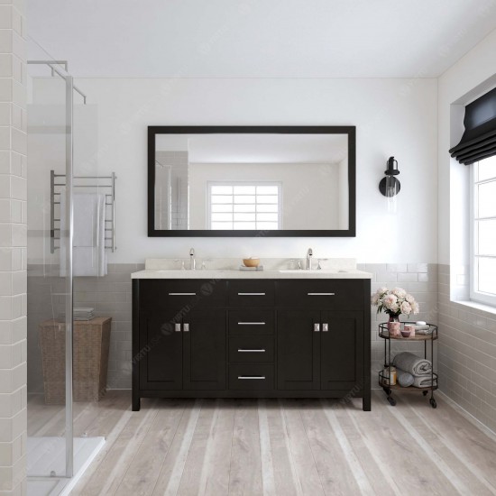 Caroline 60" Double Bath Vanity in Espresso with White Quartz Top and Round Sinks with Brushed Nickel Faucets and Mirror