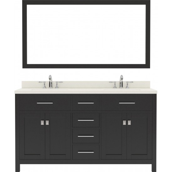 Caroline 60" Double Bath Vanity in Espresso with White Quartz Top and Round Sinks with Polished Chrome Faucets and Mirror