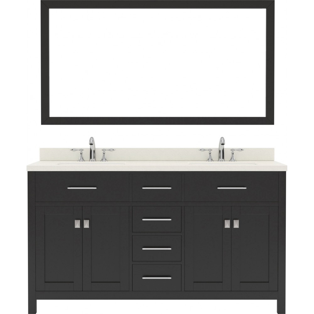 Caroline 60" Double Bath Vanity in Espresso with White Quartz Top and Round Sinks with Polished Chrome Faucets and Mirror