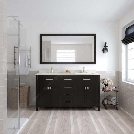 Caroline 60" Double Bath Vanity in Espresso with White Quartz Top and Round Sinks with Polished Chrome Faucets and Mirror