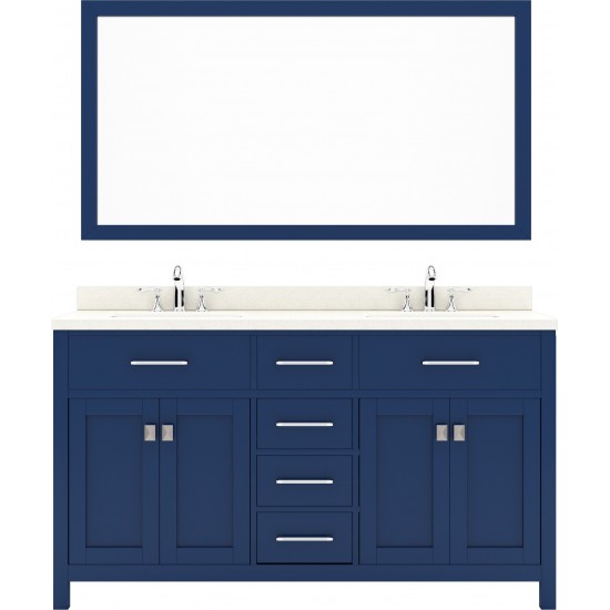 Caroline 60" Double Bath Vanity in French Blue with White Quartz Top and Round Sinks and Matching Mirror