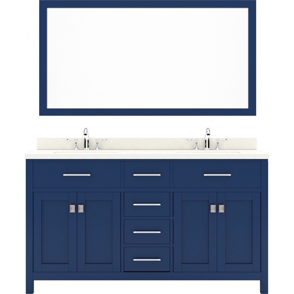 Caroline 60" Double Bath Vanity in French Blue with White Quartz Top and Round Sinks and Matching Mirror