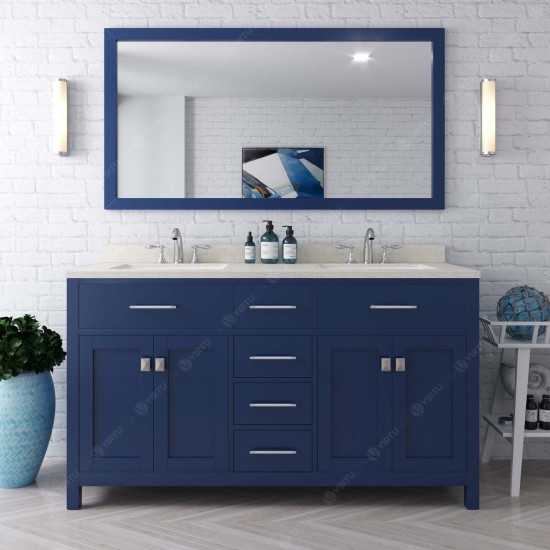 Caroline 60" Double Bath Vanity in French Blue with White Quartz Top and Round Sinks and Matching Mirror