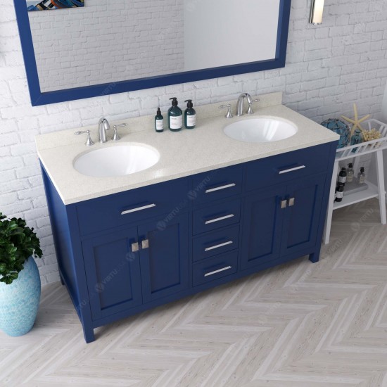 Caroline 60" Double Bath Vanity in French Blue with White Quartz Top and Round Sinks with Brushed Nickel Faucets and Mirror