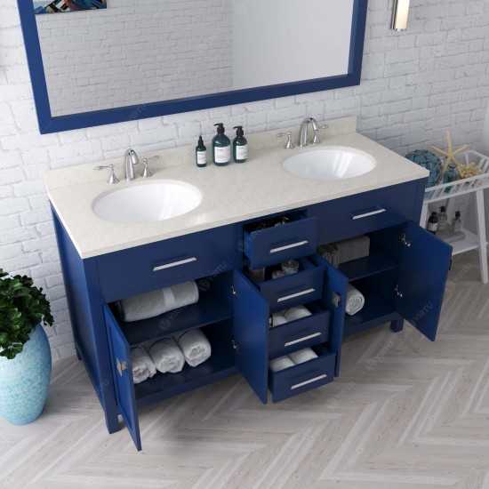 Caroline 60" Double Bath Vanity in French Blue with White Quartz Top and Round Sinks with Brushed Nickel Faucets and Mirror