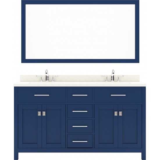 Caroline 60" Double Bath Vanity in French Blue with White Quartz Top and Round Sinks with Polished Chrome Faucets and Mirror