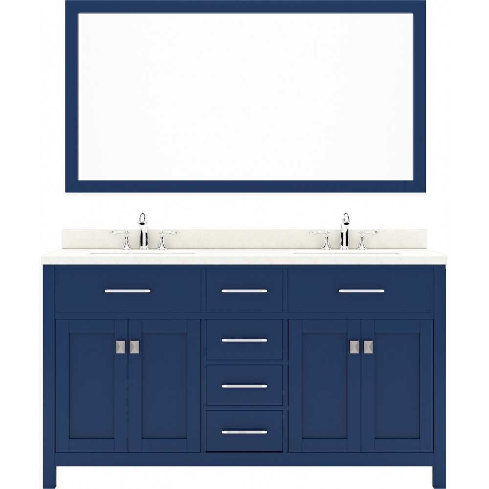 Caroline 60" Double Bath Vanity in French Blue with White Quartz Top and Round Sinks with Polished Chrome Faucets and Mirror