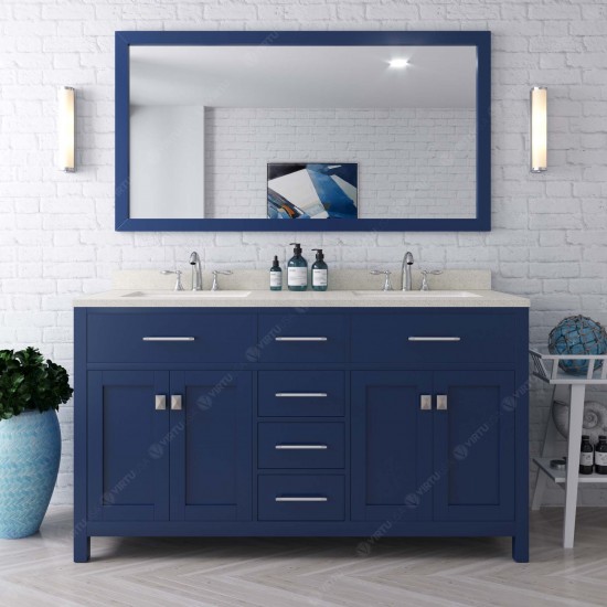 Caroline 60" Double Bath Vanity in French Blue with White Quartz Top and Round Sinks with Polished Chrome Faucets and Mirror