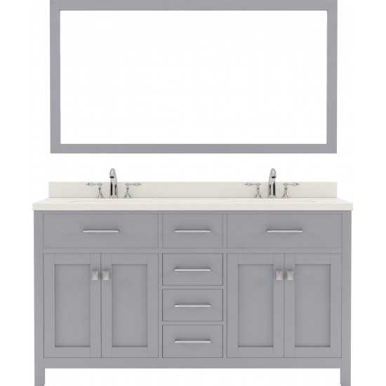 Caroline 60" Double Bath Vanity in Gray with White Quartz Top and Round Sinks and Matching Mirror