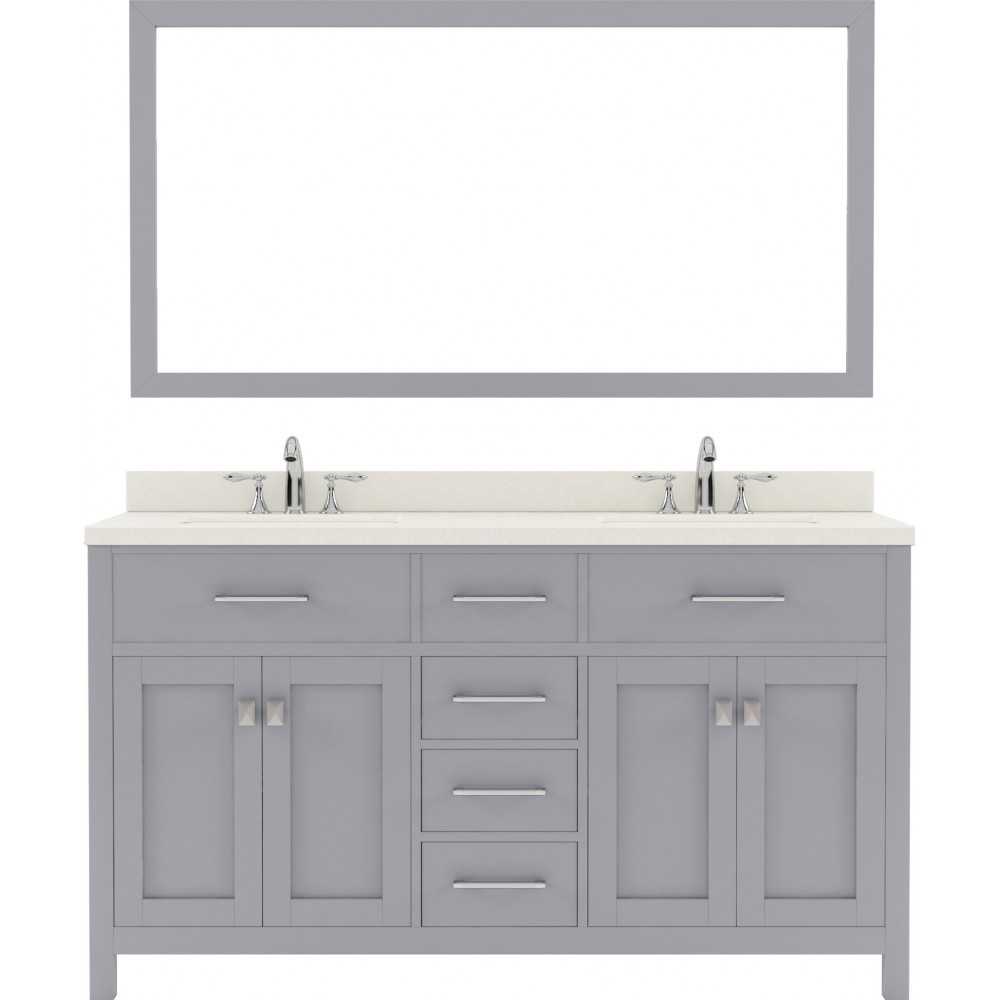 Caroline 60" Double Bath Vanity in Gray with White Quartz Top and Round Sinks and Matching Mirror