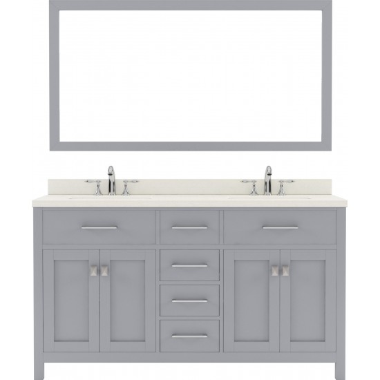 Caroline 60" Double Bath Vanity in Gray with White Quartz Top and Round Sinks with Brushed Nickel Faucets and Matching Mirror