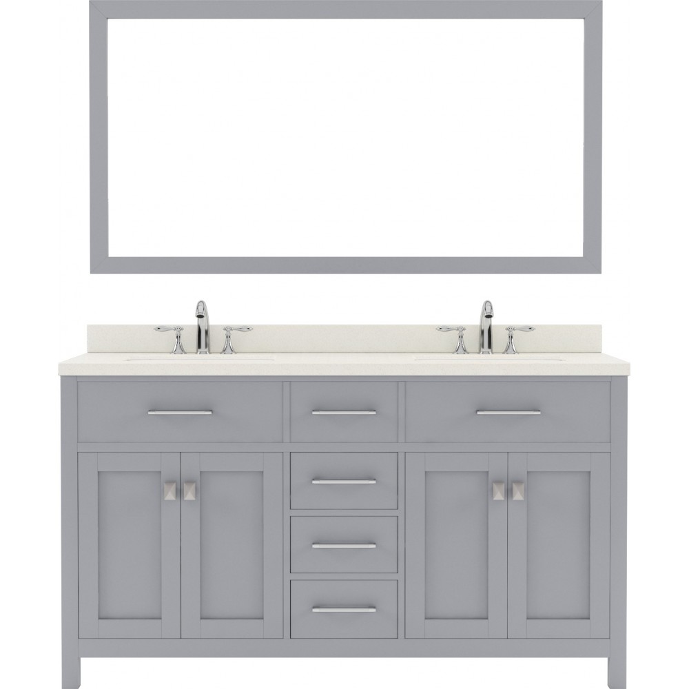 Caroline 60" Double Bath Vanity in Gray with White Quartz Top and Round Sinks with Polished Chrome Faucets and Matching Mirro