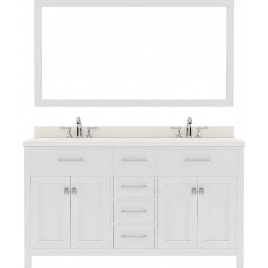 Caroline 60" Double Bath Vanity in White with White Quartz Top and Round Sinks and Matching Mirror