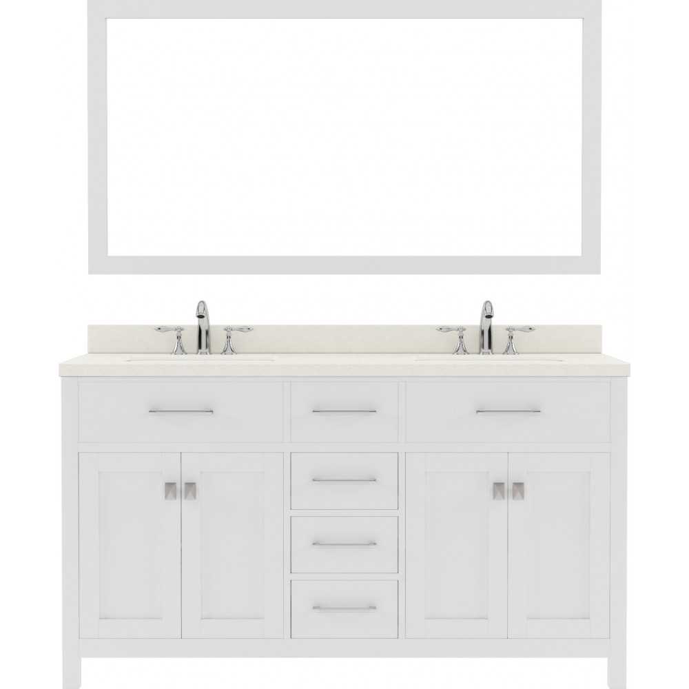 Caroline 60" Double Bath Vanity in White with White Quartz Top and Round Sinks and Matching Mirror