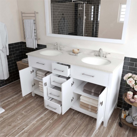 Caroline 60" Double Bath Vanity in White with White Quartz Top and Round Sinks and Matching Mirror