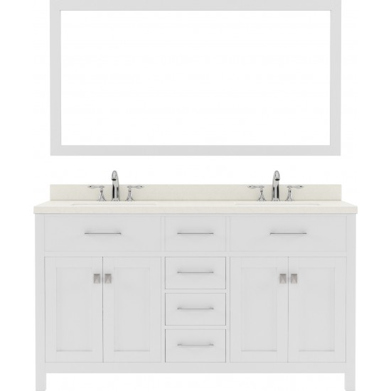 Caroline 60" Double Bath Vanity in White with White Quartz Top and Round Sinks with Polished Chrome Faucets and Matching Mirr