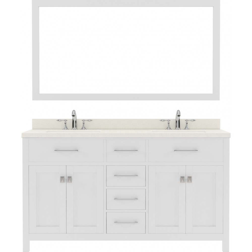 Caroline 60" Double Bath Vanity in White with White Quartz Top and Round Sinks with Polished Chrome Faucets and Matching Mirr