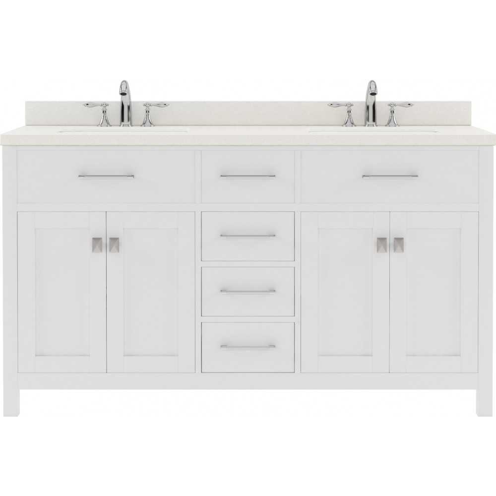 Caroline 60" Double Bath Vanity in White with White Quartz Top and Round Sinks