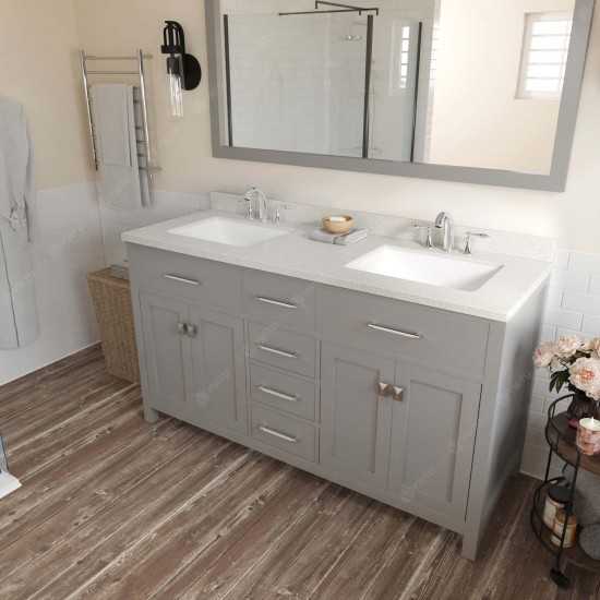 Caroline 60" Double Bath Vanity in Cashmere Gray with White Quartz Top and Square Sinks and Matching Mirror