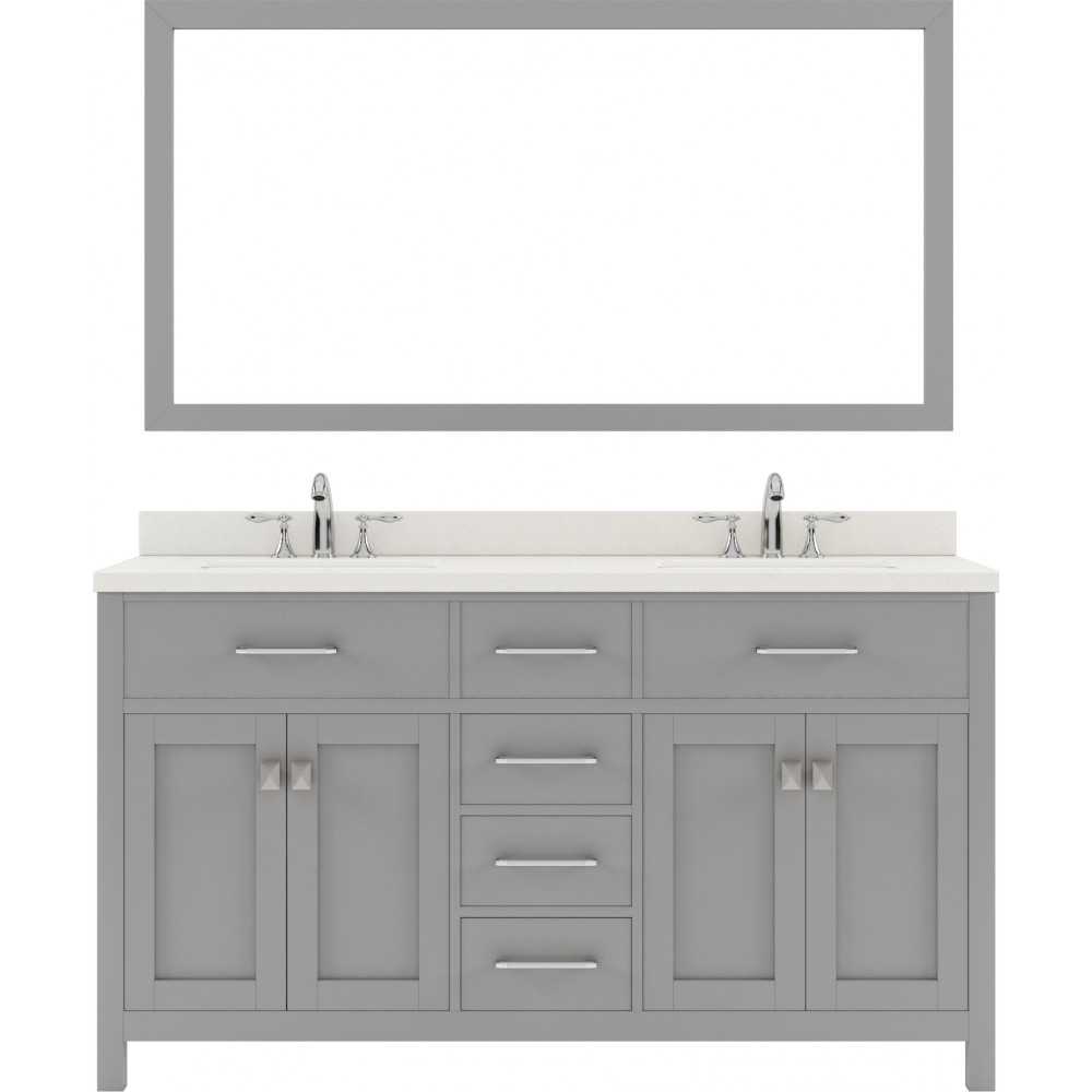 Caroline 60" Double Bath Vanity in Cashmere Gray with White Quartz Top and Square Sinks with Brushed Nickel Faucets and Mirro