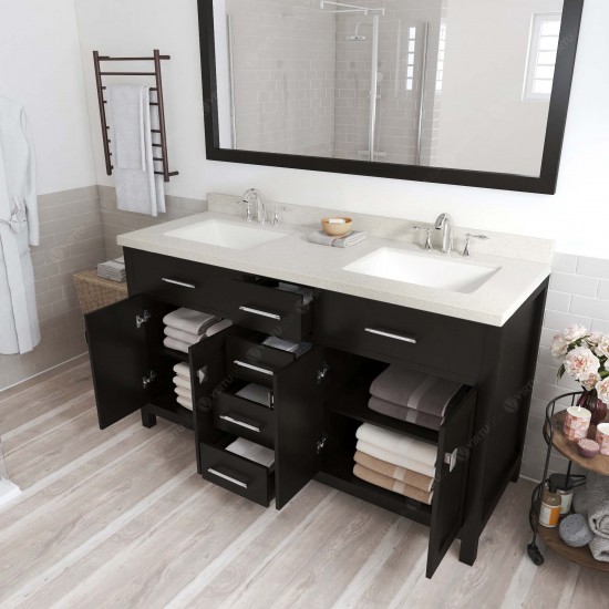 Caroline 60" Double Bath Vanity in Espresso with White Quartz Top and Square Sinks with Brushed Nickel Faucets and Mirror