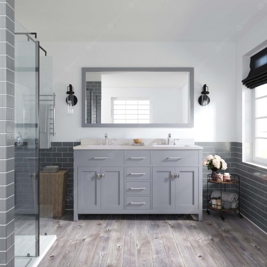 Caroline 60" Double Bath Vanity in Gray with White Quartz Top and Square Sinks and Matching Mirror