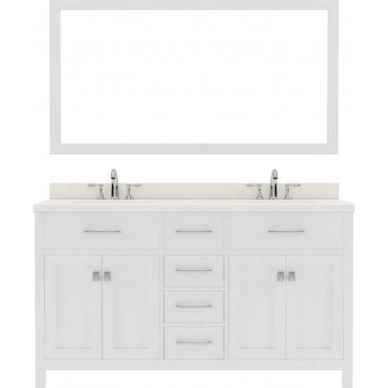 Caroline 60" Double Bath Vanity in White with White Quartz Top and Square Sinks and Matching Mirror