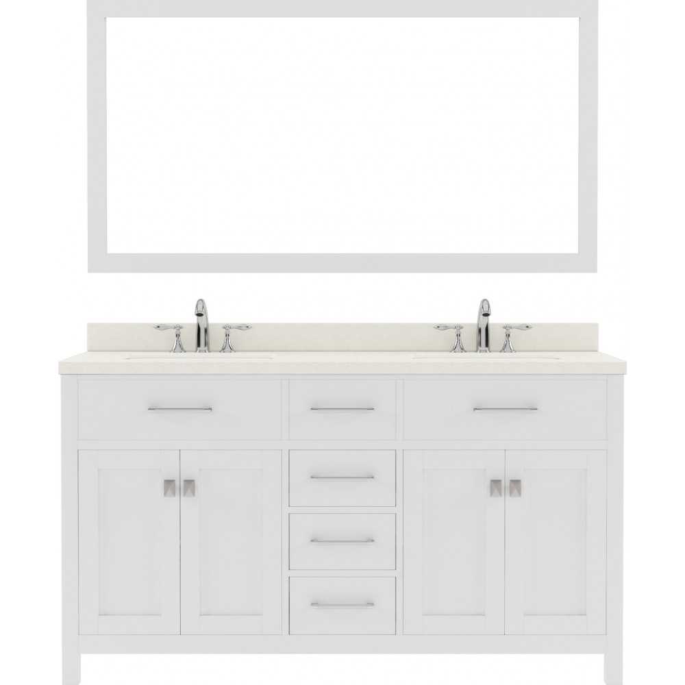 Caroline 60" Double Bath Vanity in White with White Quartz Top and Square Sinks and Matching Mirror