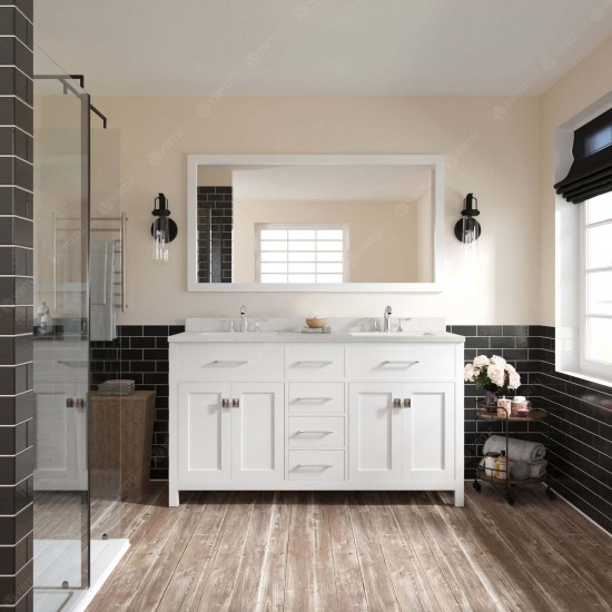 Caroline 60" Double Bath Vanity in White with White Quartz Top and Square Sinks and Matching Mirror