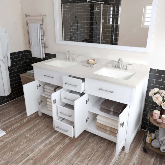 Caroline 60" Double Bath Vanity in White with White Quartz Top and Square Sinks and Matching Mirror