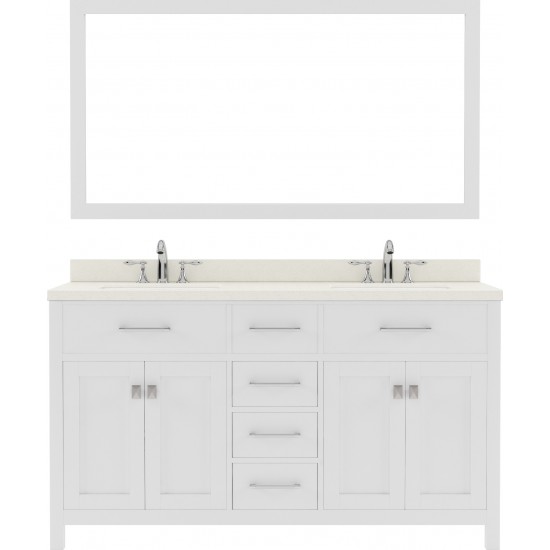 Caroline 60" Double Bath Vanity in White with White Quartz Top and Square Sinks with Polished Chrome Faucets and Matching Mir