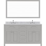 Caroline 60" Double Bath Vanity in Cashmere Gray with White Marble Top and Round Sinks and Matching Mirror