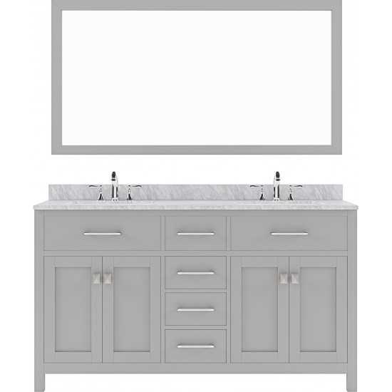 Caroline 60" Double Bath Vanity in Cashmere Gray with White Marble Top and Round Sinks and Matching Mirror