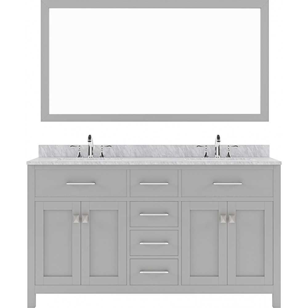 Caroline 60" Double Bath Vanity in Cashmere Gray with White Marble Top and Round Sinks and Matching Mirror